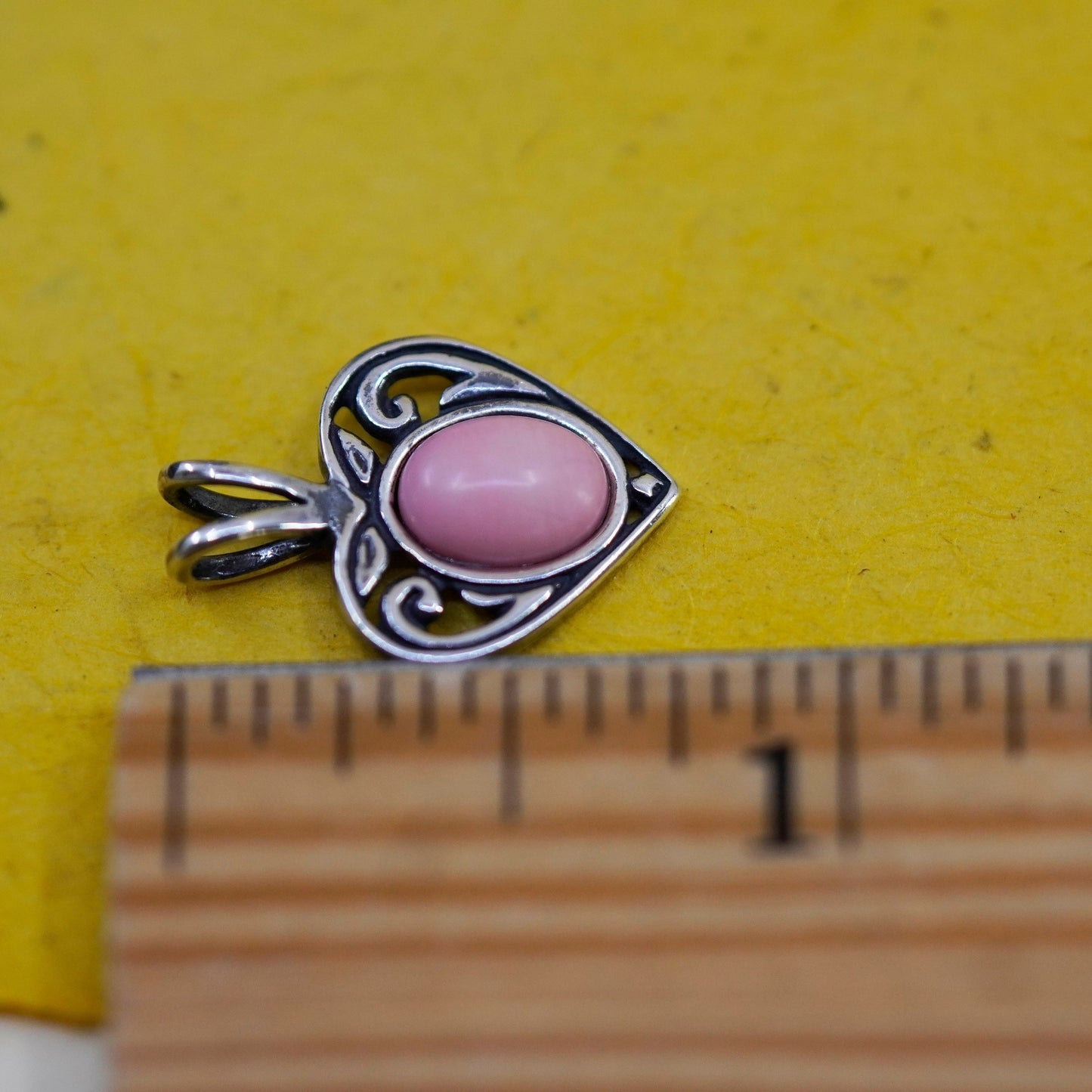 Vintage sterling silver pendant, 925 filigree heart with pink stone