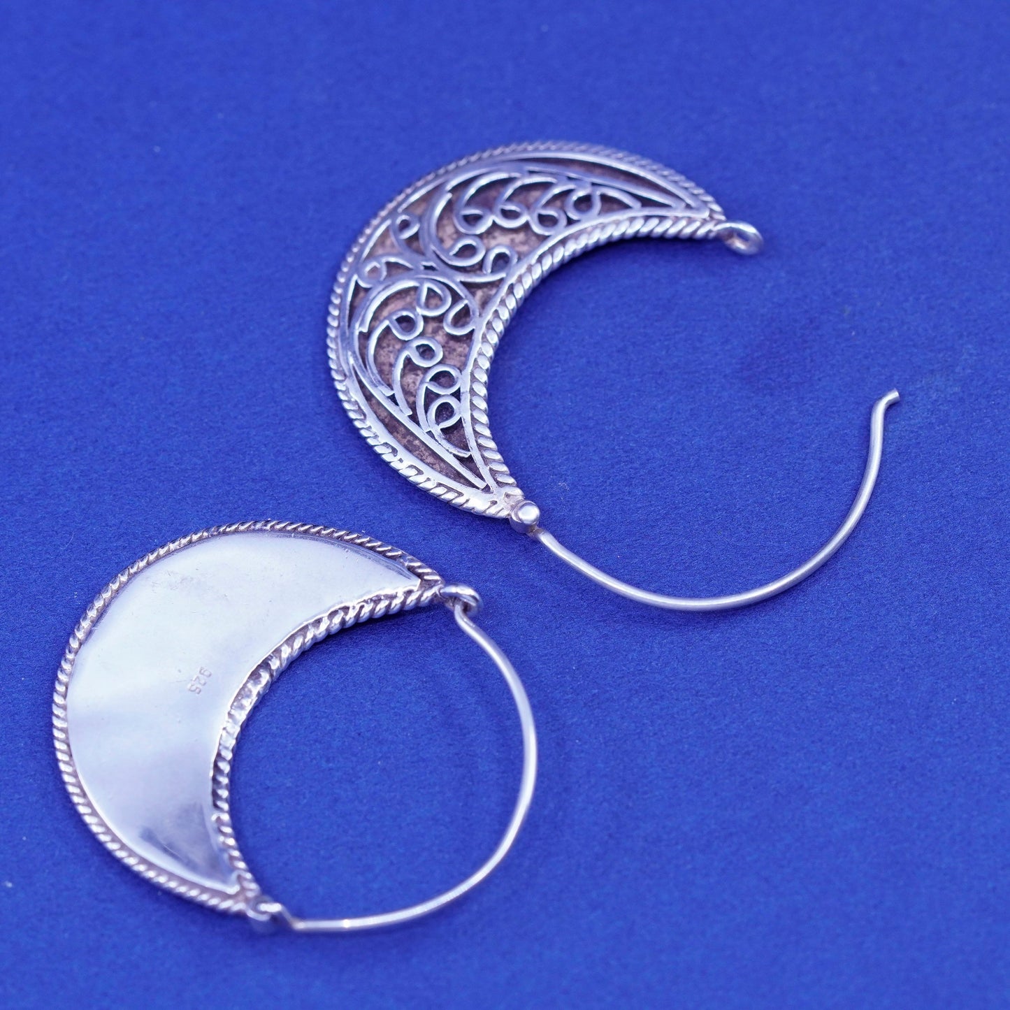 1.25”, Vintage Sterling silver handmade earrings, filigree 925 hoops