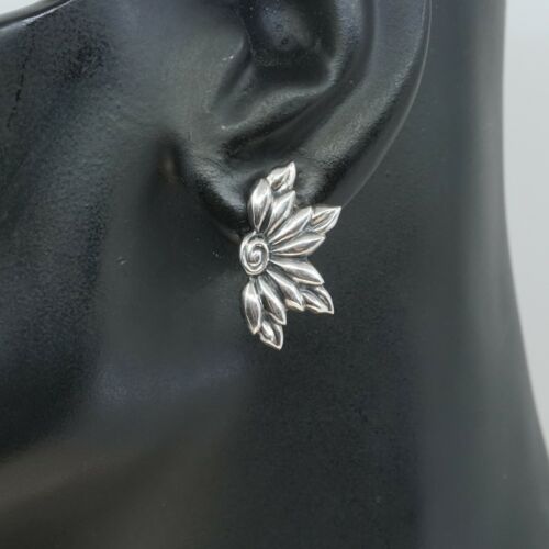 Vtg Sterling 925 Silver Handmade Screw Back Earrings Flower Leaves Wings