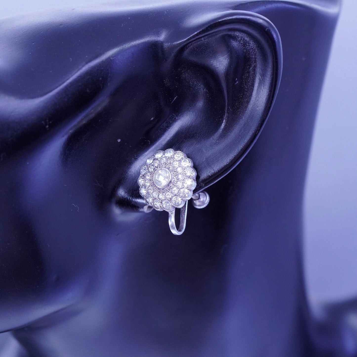 modern Sterling 925 silver handmade earrings, screw back flower w/ cluster Cz