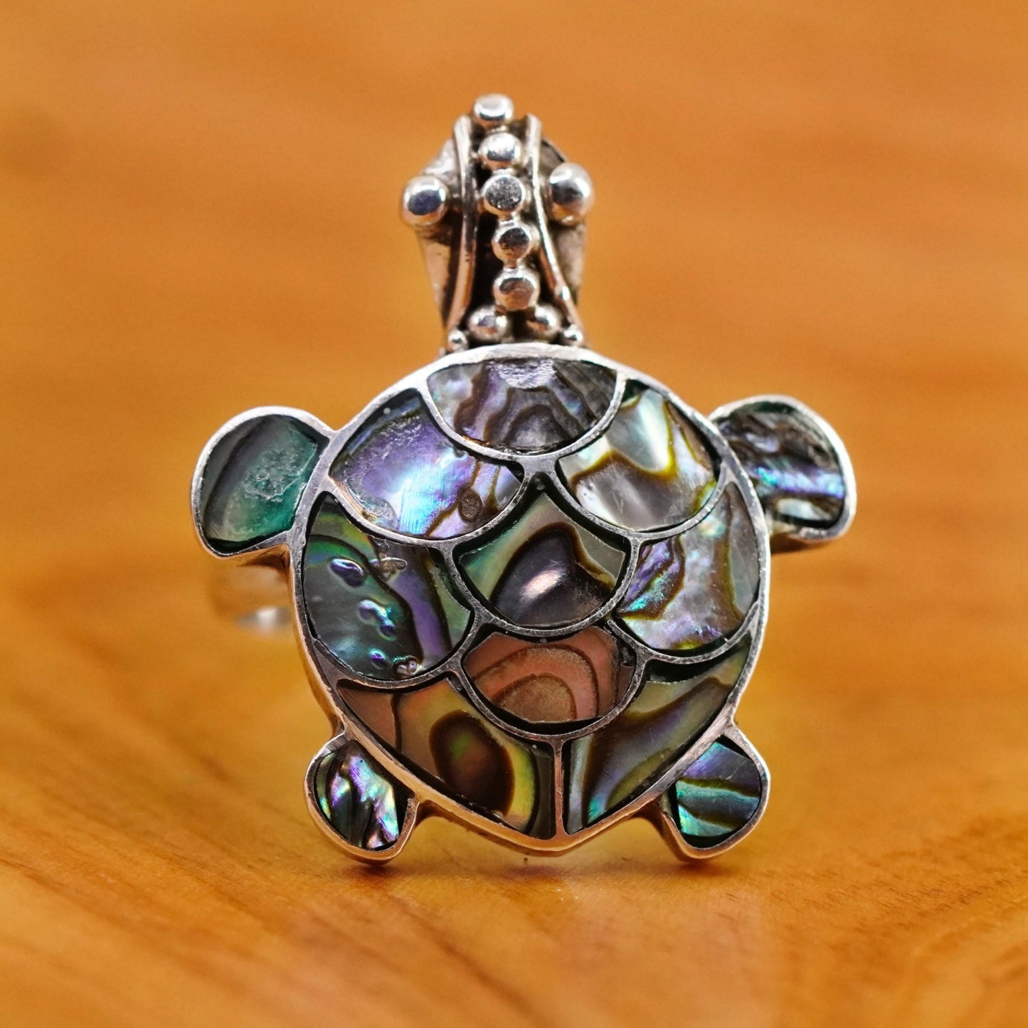 Size 8, vintage sterling silver handmade ring, 925 turtle band with abalone