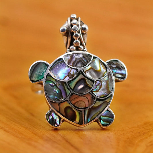Size 8, vintage sterling silver handmade ring, 925 turtle band with abalone