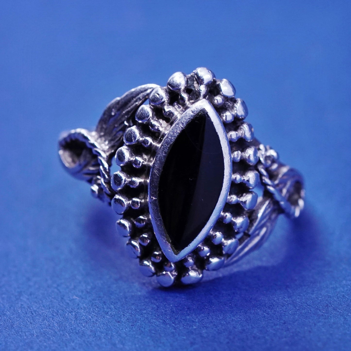 Size 7.25, vintage Sterling 925 silver handmade ring with onyx and beads