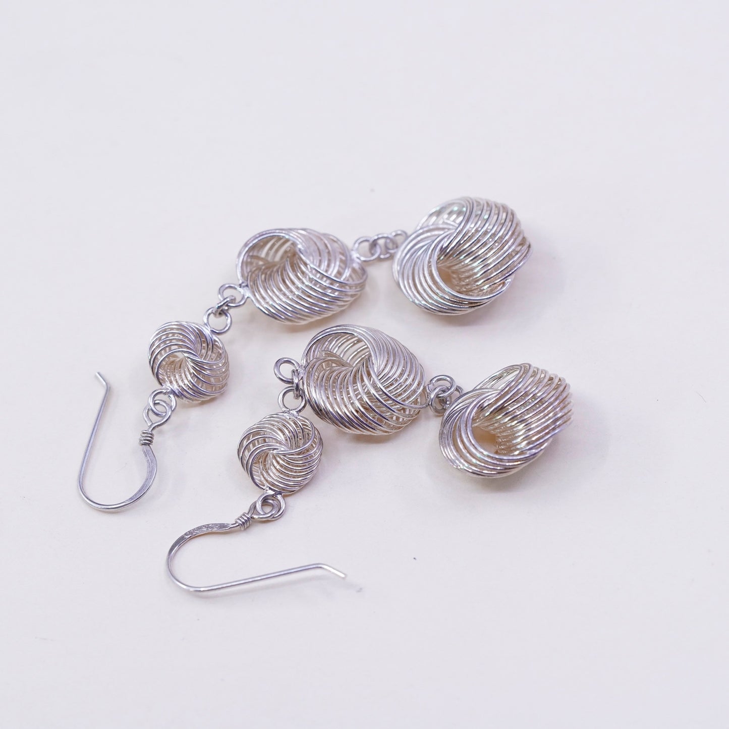 Vintage sterling silver handmade earrings, 925 twisted entwined circle dangles