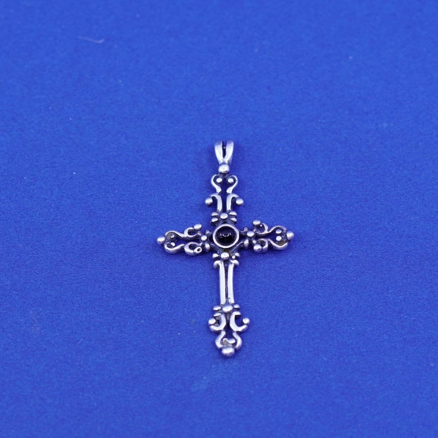 Vintage Sterling silver handmade pendant, 925 bali cross with obsidian
