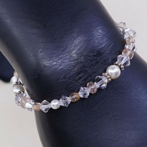 7”, Vtg Sterling Silver Handmade Bead Bracelet, 925 Swarovski Crystal W/ Toggle