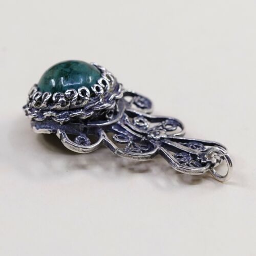 Vtg Filigree Sterling Silver Handmade Pendant W/ Turquoise Bead