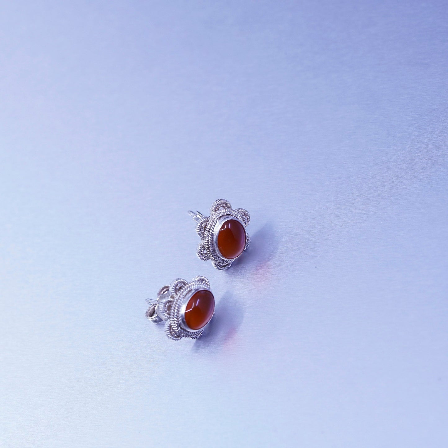 Vintage Sterling 925 silver handmade earrings, floral studs with carnelian