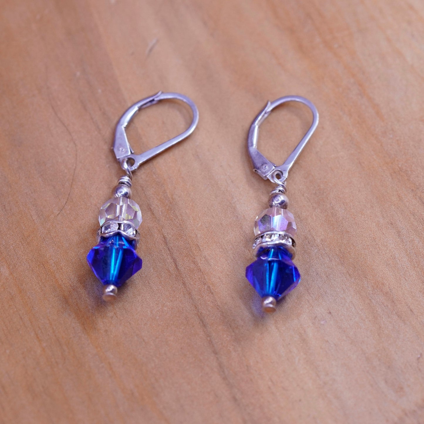 Vintage Sterling 925 silver handmade earrings with clear blue crystal