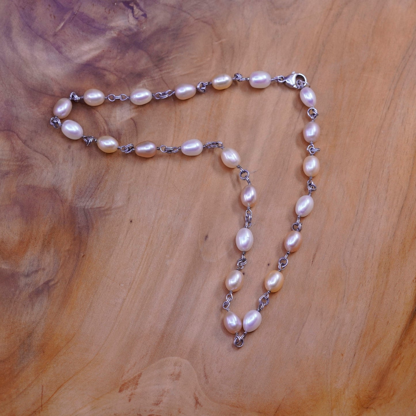 17”, vintage Sterling 925 silver handmade necklace with 6-8mm freshwater pearl