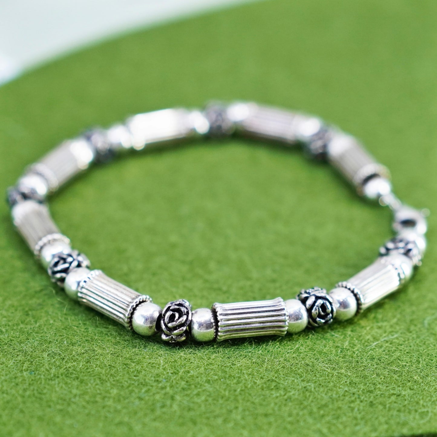 8.5”, 6mm, Vintage sterling silver handmade bracelet, 925 tube and beads chain