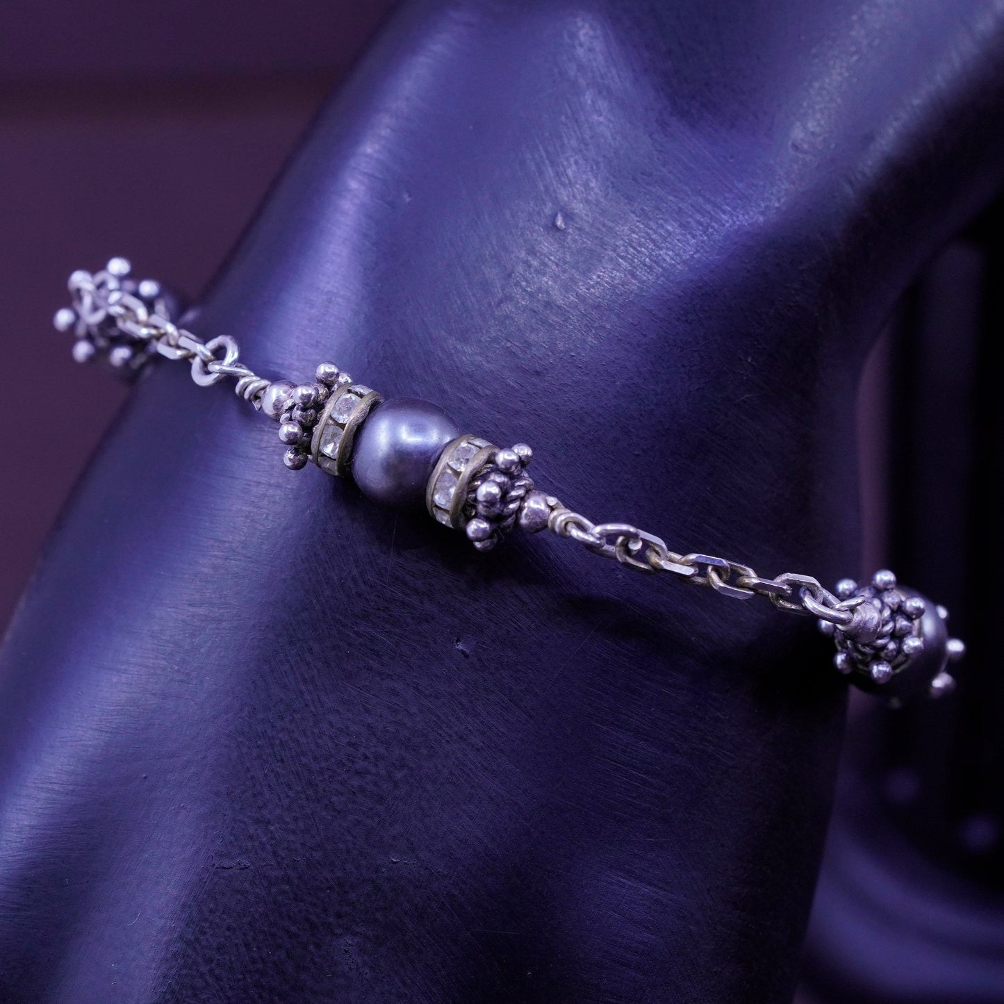 6.75”, Madis Sterling 925 silver beads bracelet with black pearl and crystal