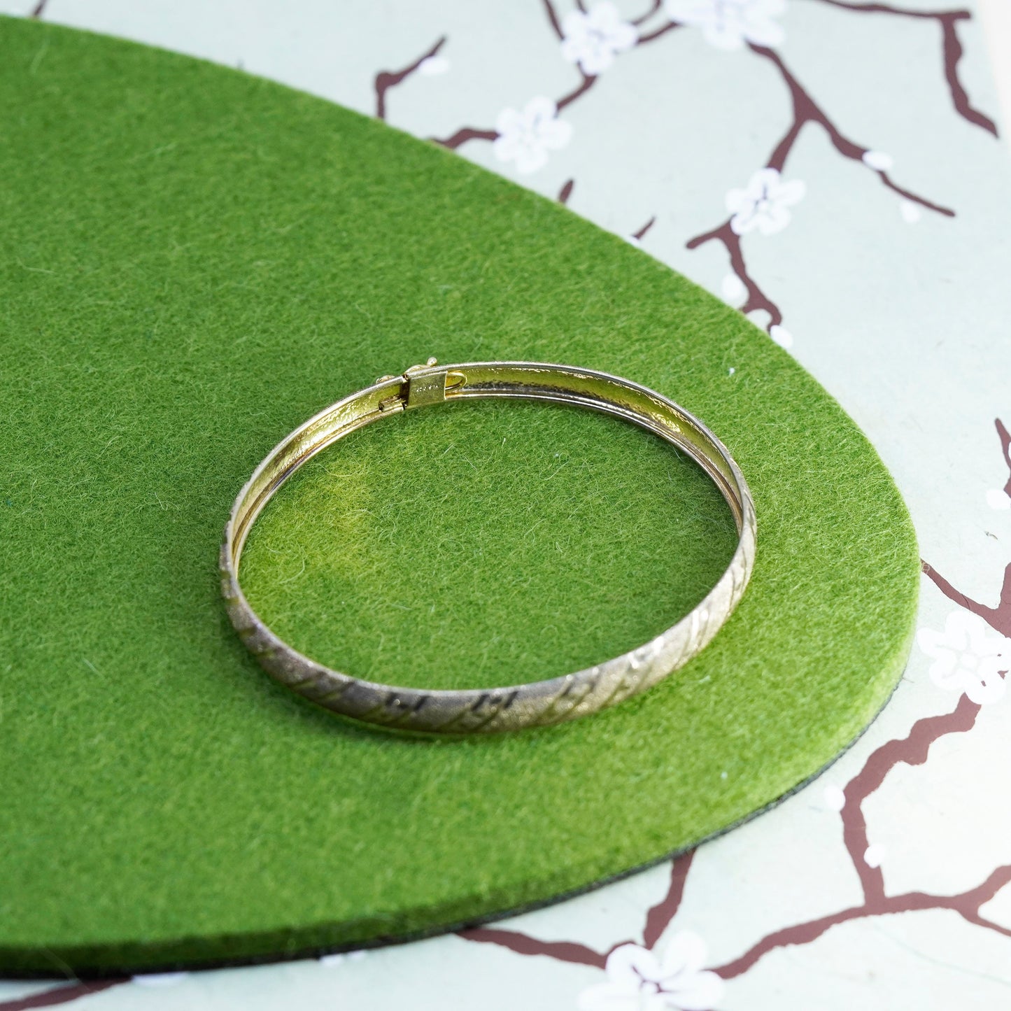 7.5”, vermeil gold over sterling silver bracelet, textured 925 hinged bangle