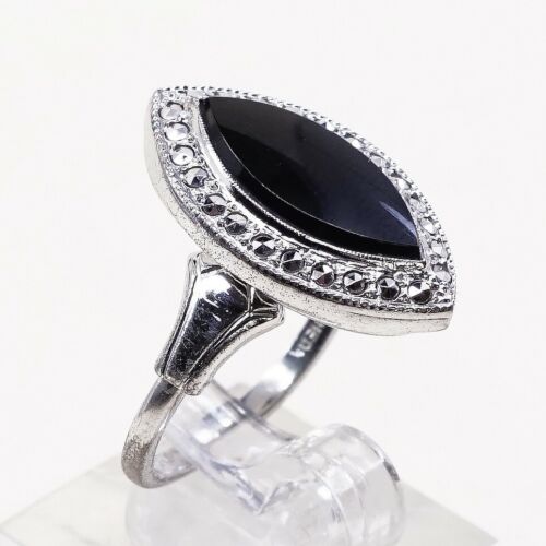 Sz 6.5, Vtg theda Sterling Silver Handmade Ring, 925 Band W Obsidian N marcasite