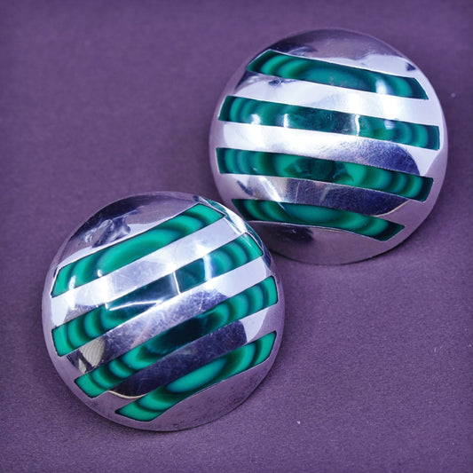 mexico Sterling silver earrings, studs, huge 925 round studs w/ green malachite