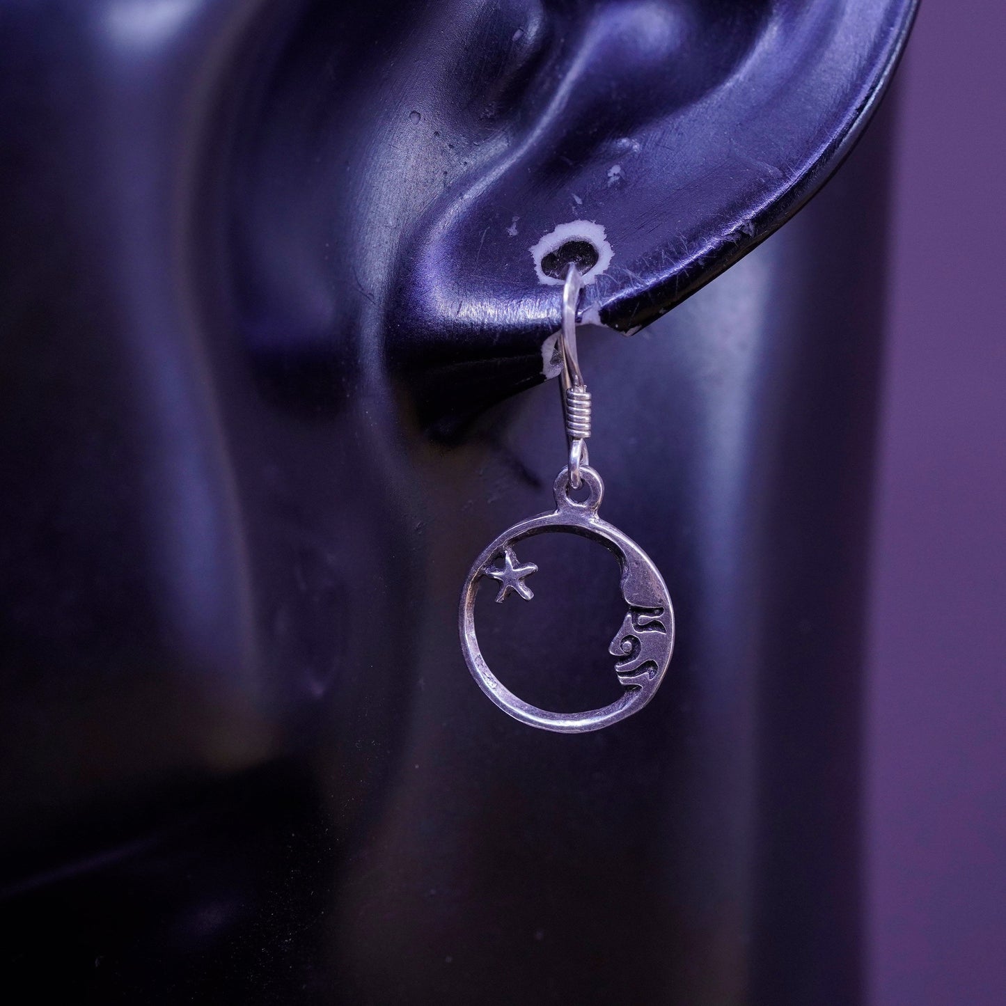 Vintage Sterling 925 Silver handmade Earrings with moon face