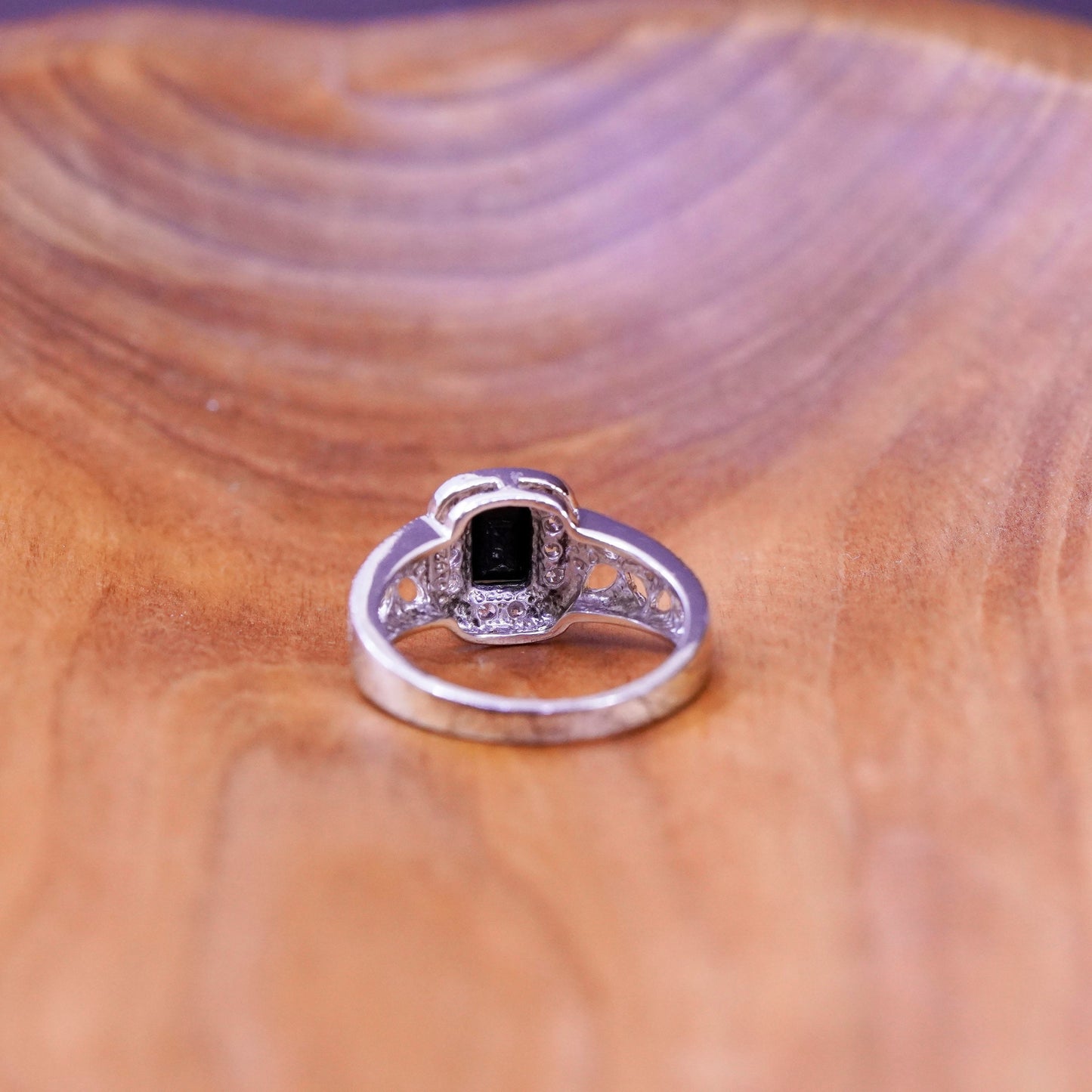Size 8.5, Vintage Sterling silver handmade ring, Mexico 925 obsidian with cz