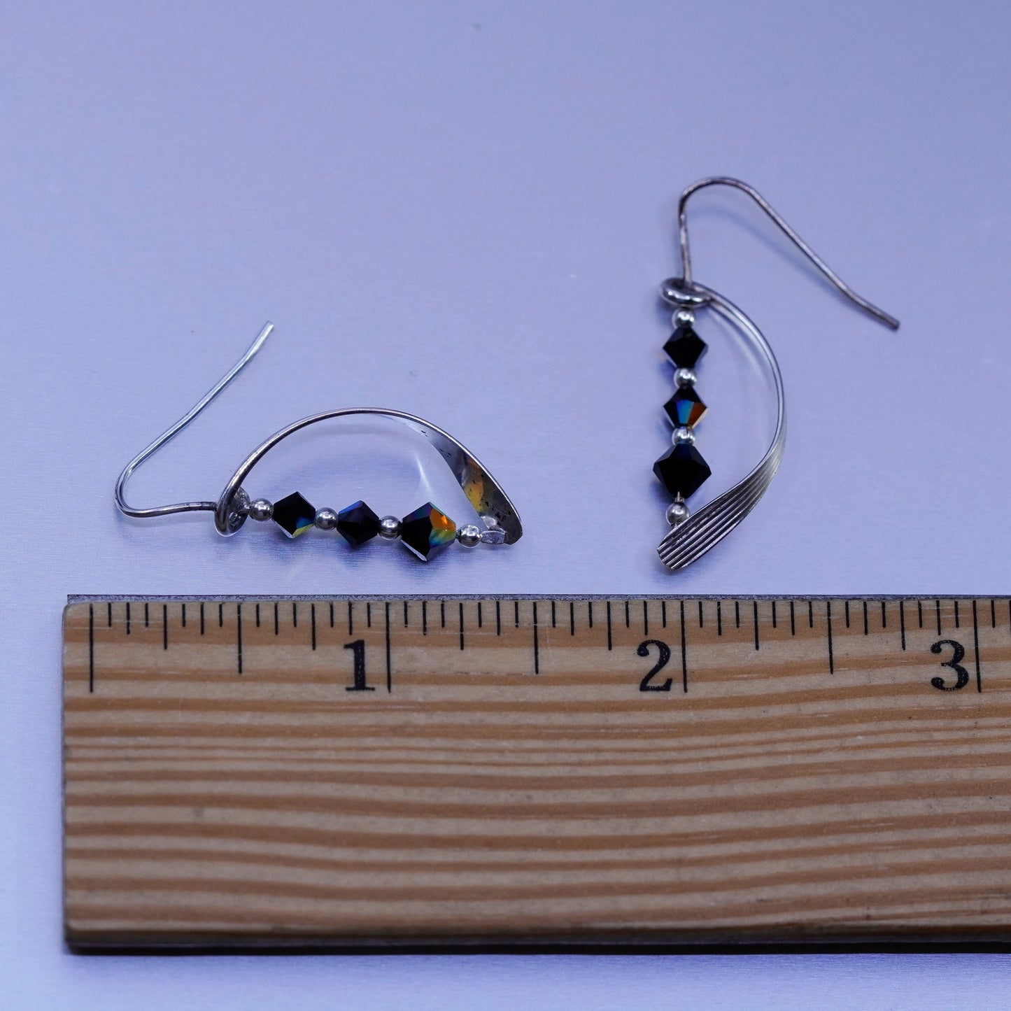 Vintage Sterling 925 silver handmade wavy earrings with crystal