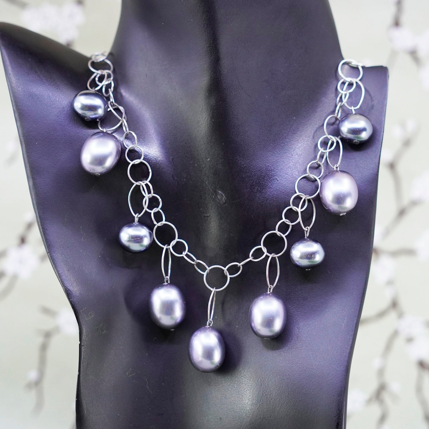 18”, vintage handmade pearl necklace, linen thread with faux black pearl