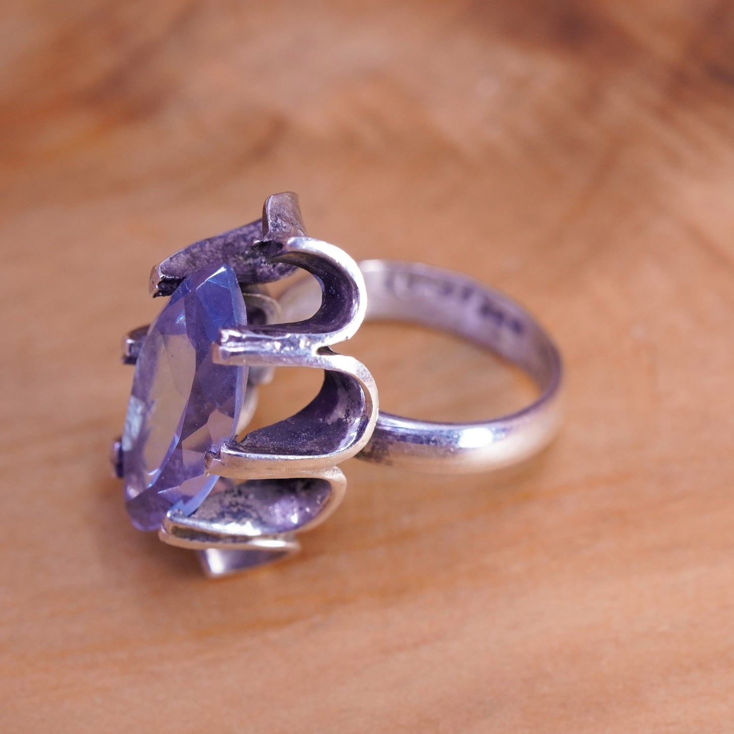 Size 7.25, Vintage Sterling 925 silver handmade flower crown ring blue quartz