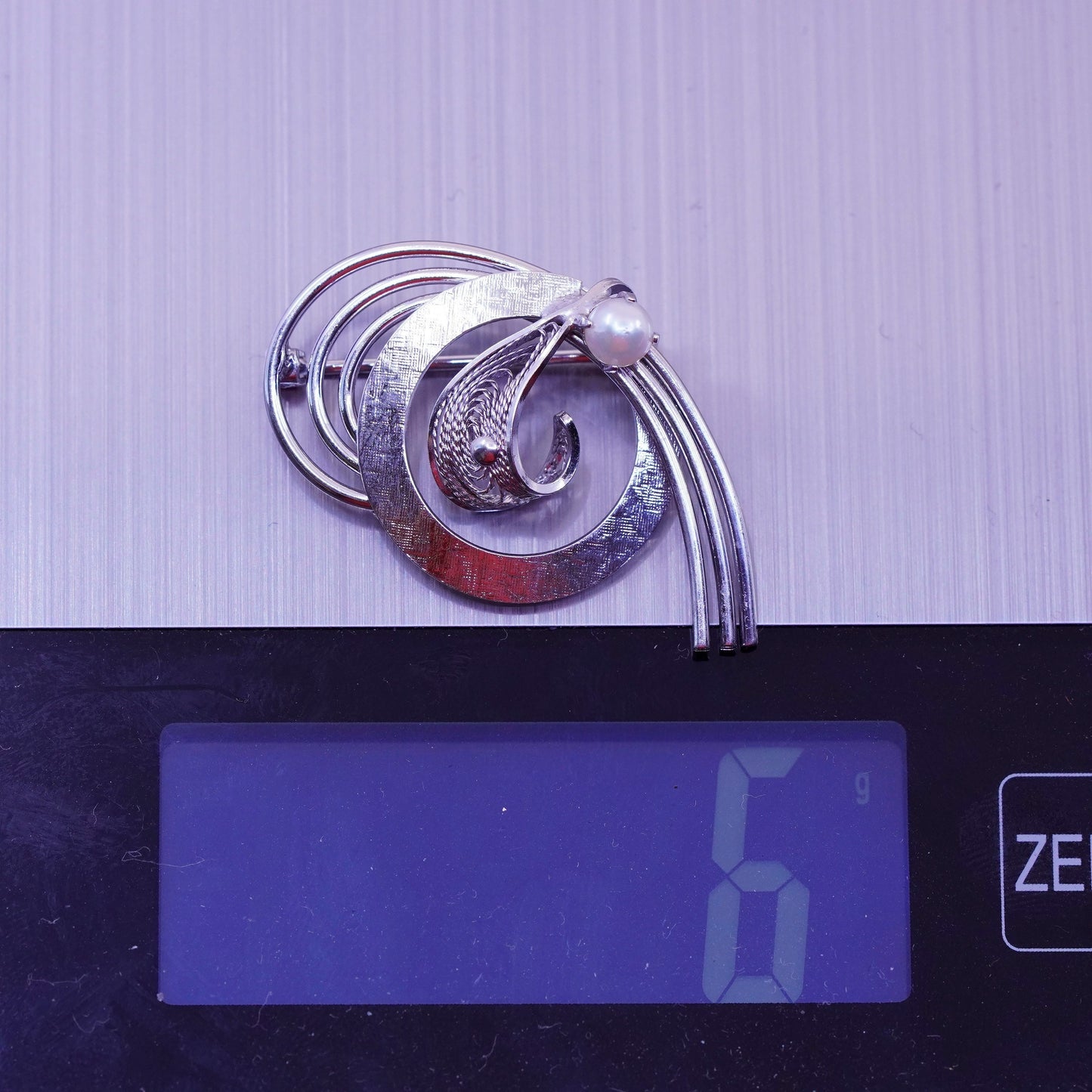 1950s vintage Sterling silver handmade brooch, 925 filigree brooch with pearl