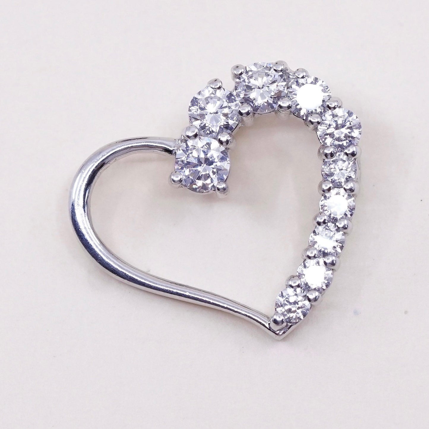 Vintage sterling silver pendant, round cut clear Cz, 925 heart pendant