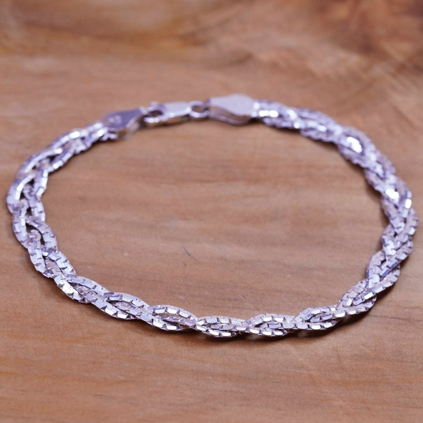 7.25”, Sterling silver braided woven herringbone bracelet 3 strand 925 bracelet