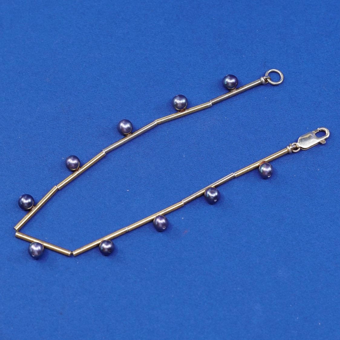 8", vermeil gold sterling silver handmade bracelet, 925 bar chain w/ pearl bead