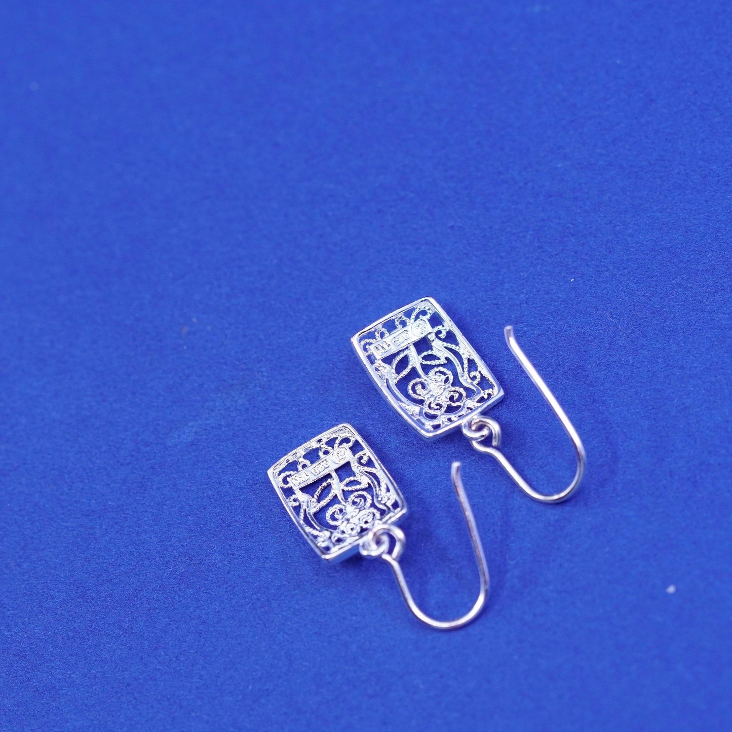 Vintage sterling silver handmade earrings, 925 filigree flower drop