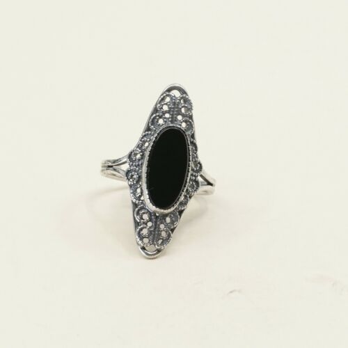 Sz 6.5, Vtg Sterling Silver Handmade Ring, 925 Silver Band W obsidian N Filigree
