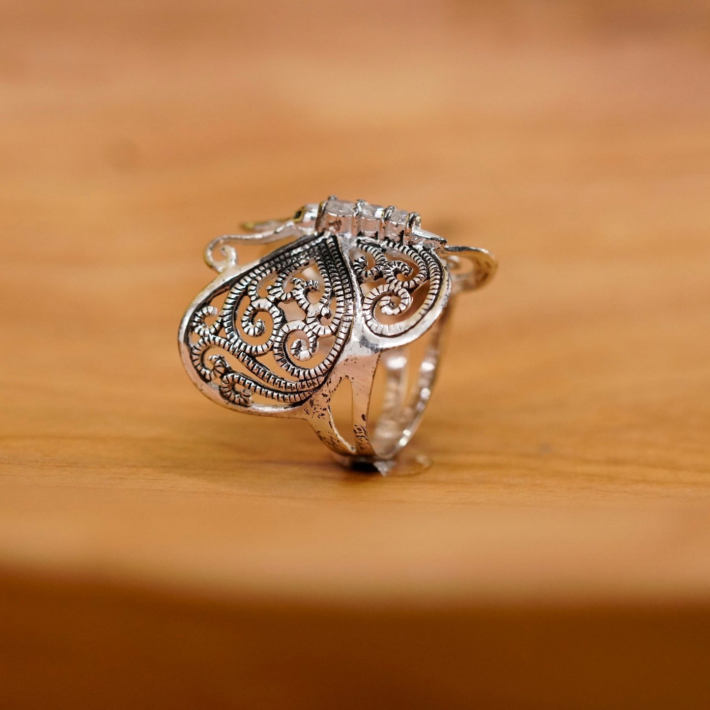 Size 7, Vintage Sterling silver handmade ring, 925 filigree butterfly band cz