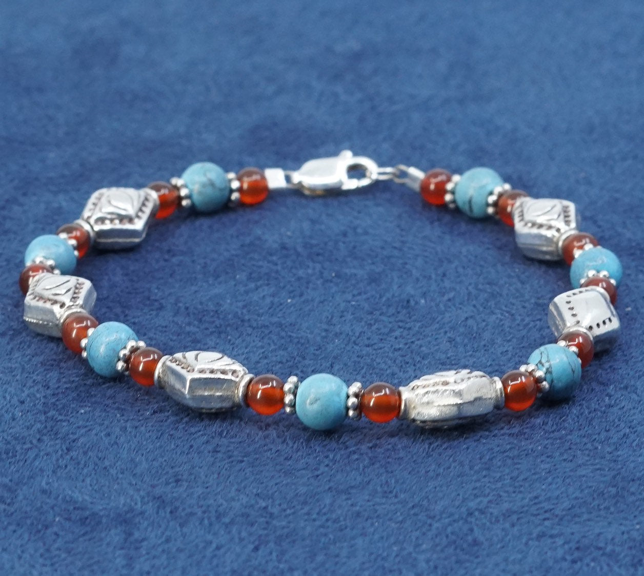 6.75”, vtg sterling silver handmade bracelet, 925 w/ turquoise N carnelian bead