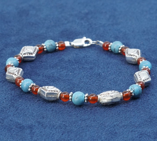 6.75”, vtg sterling silver handmade bracelet, 925 w/ turquoise N carnelian bead