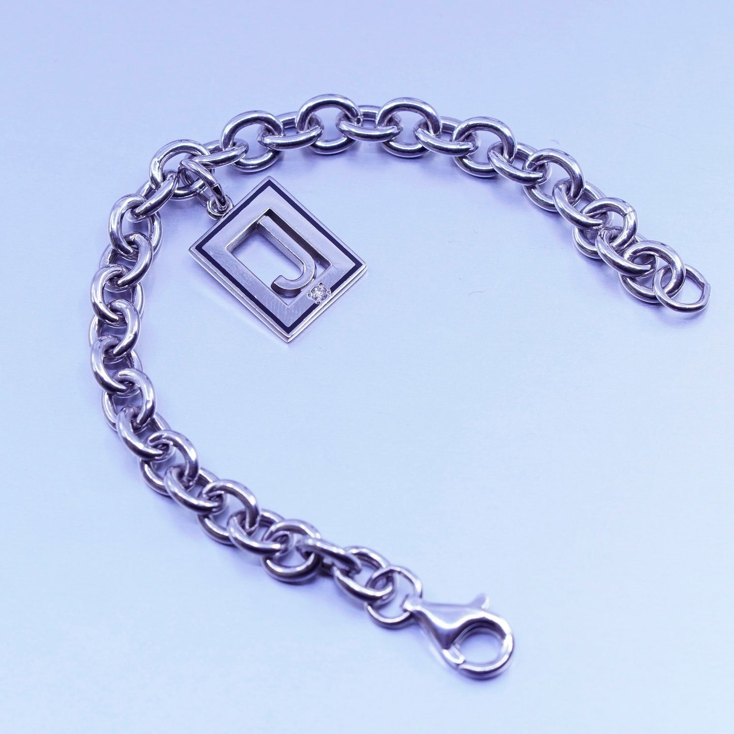 6.75”, Sterling silver bracelet, 925 bold circle chain with initial “J” charm