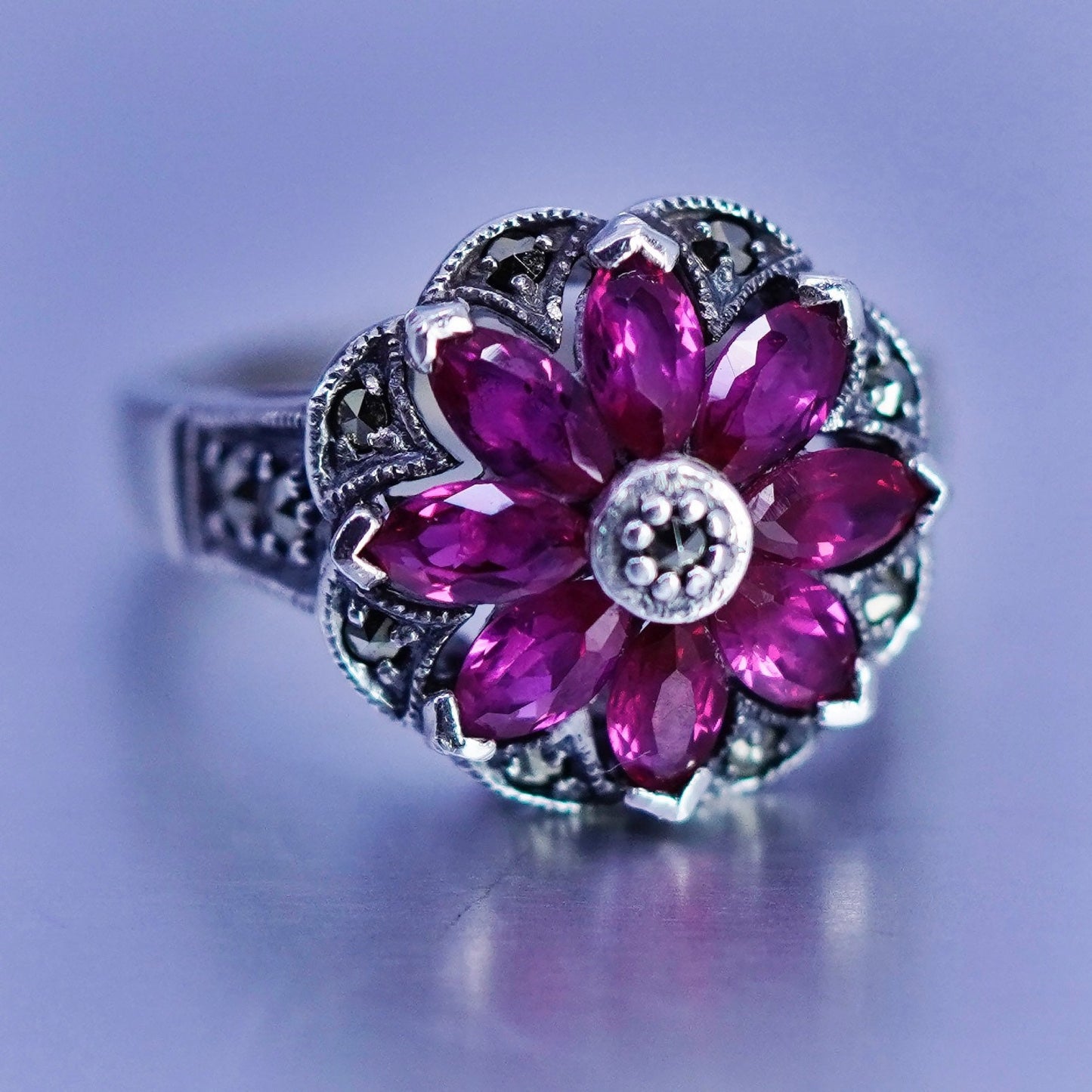 sz 5, designer Sterling 925 silver handmade statement crown ring ruby marcasite