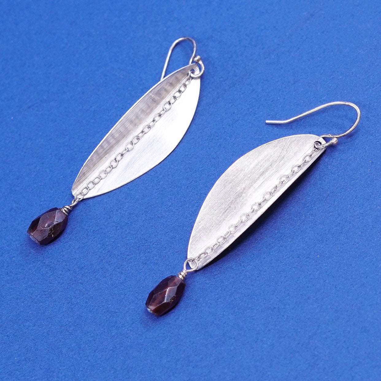 vtg modern sterling silver handmade earrings, 925 leaf drops w/ garnet bead