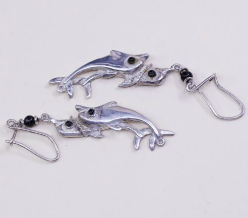 Vintage Sterling 925 Silver Handmade Dolphin Fish dangle earrings W/ Obsidian