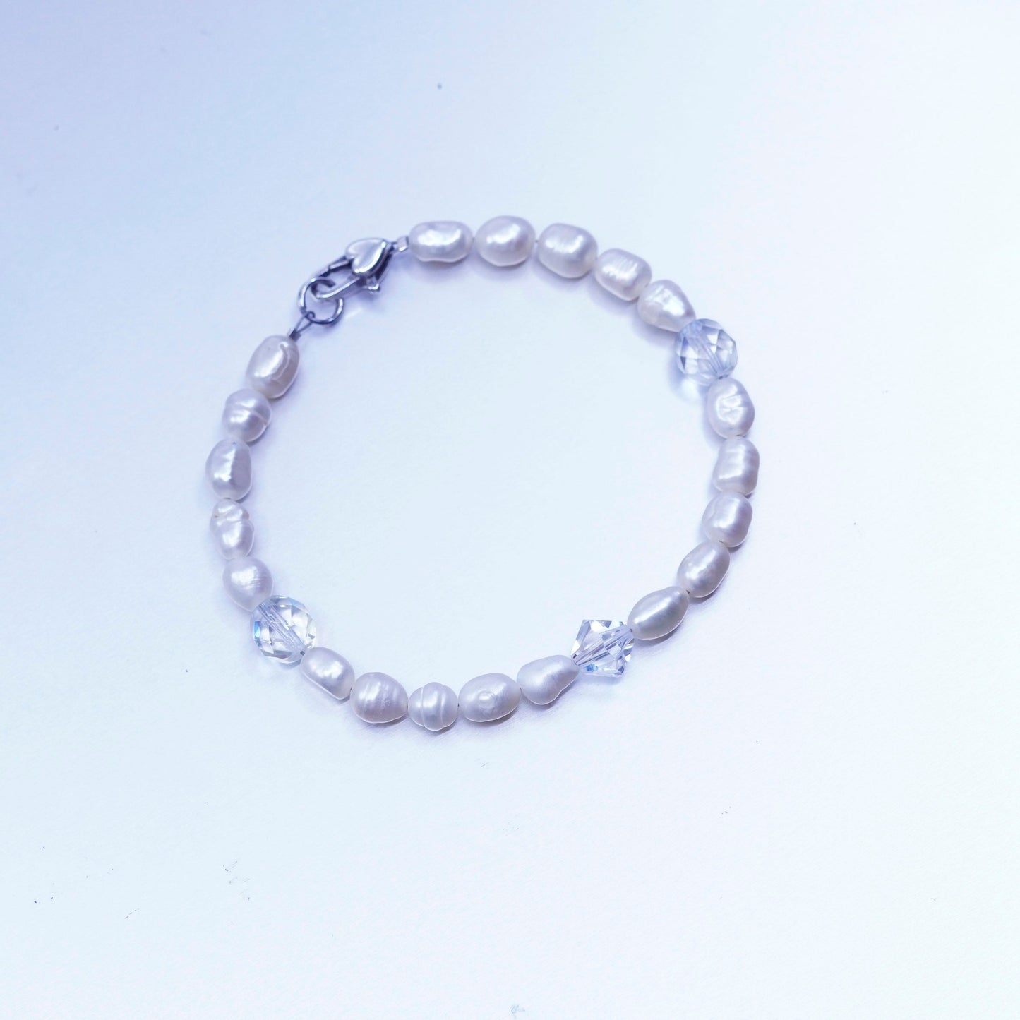7.25”, vintage Sterling 925 silver bracelet with freshwater pearl and crystal