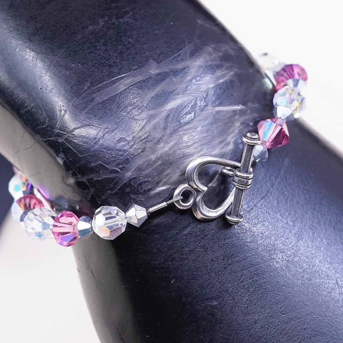6.5”, VTG Sterling silver handmade bracelet, 925 heart toggle w/ pink crystal