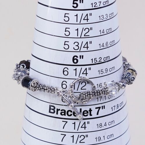 6.75” Vtg Sterling Silver Handmade Bead Bracelet, 925 Toggle n Swarovski Crystal
