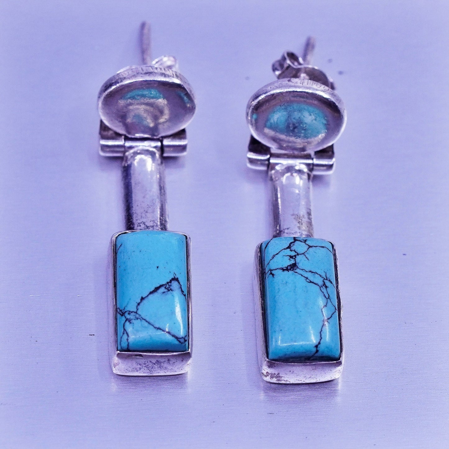 Vintage Sterling 925 silver handmade earrings with rectangular turquoise