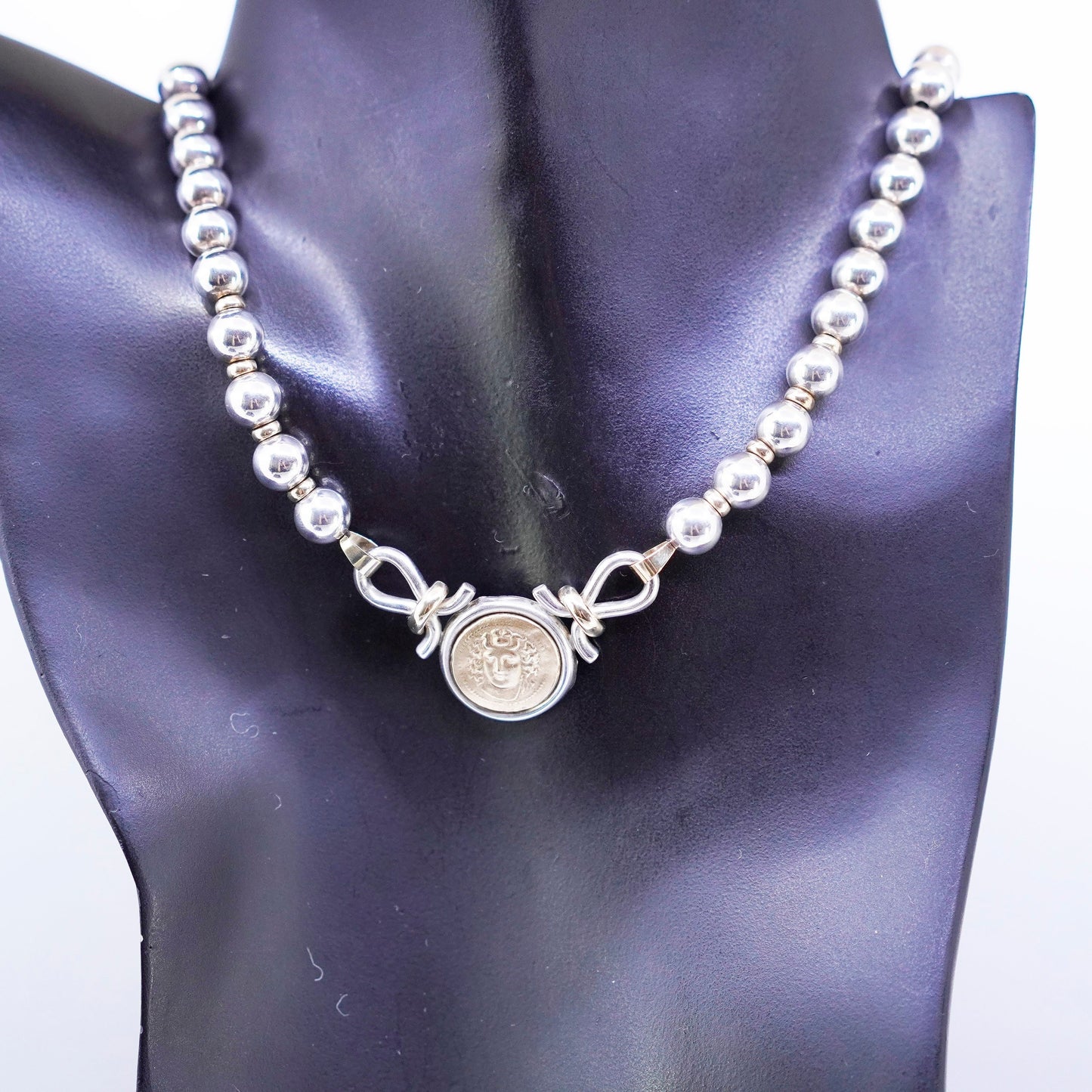 16”, VTG two tone Sterling 925 silver handmade beads necklace 14K yellow gold