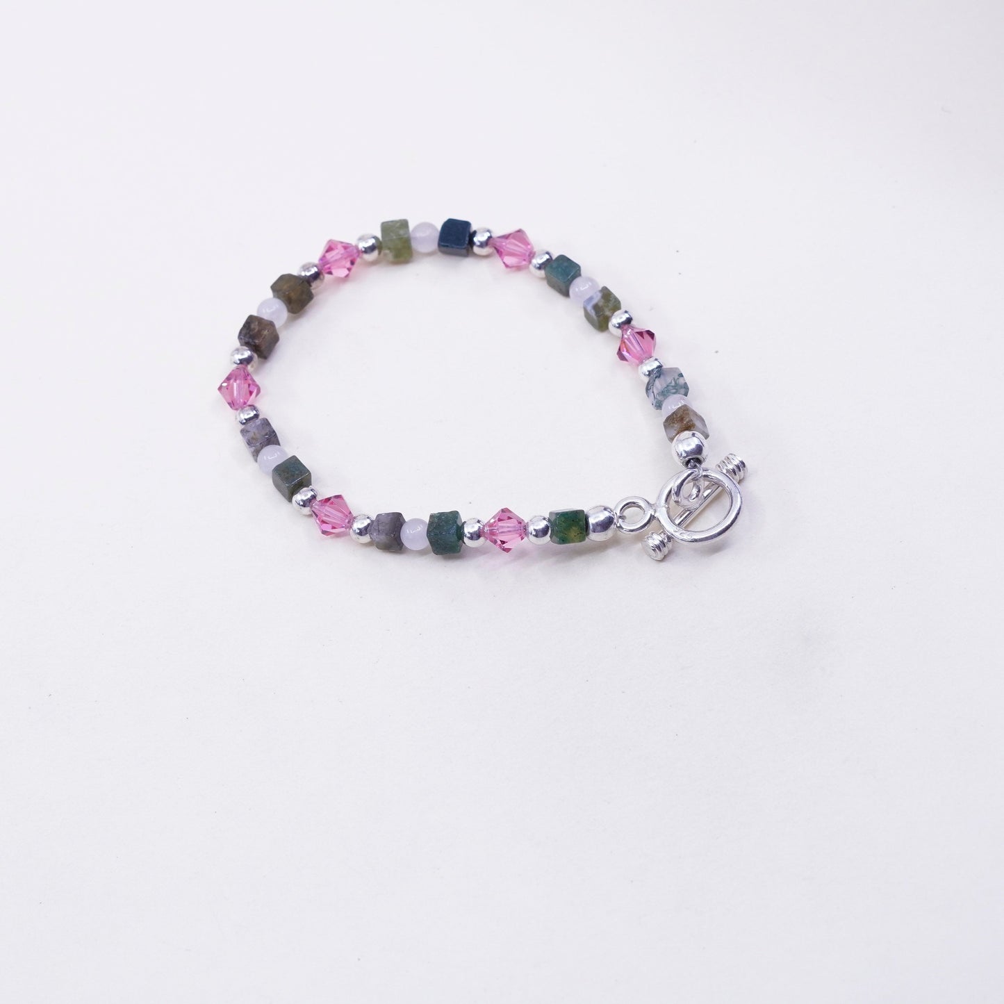 6.75”, Vintage handmade bracelet with sterling 925 silver jade quartz beads