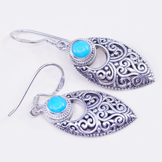 Vintage Sterling 925 silver handmade marquise earrings with turquoise filigree