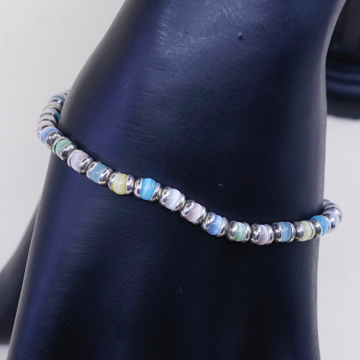 7.25”, sterling 925 silver handmade bracelet, tiger eye beads w/ toggle closure