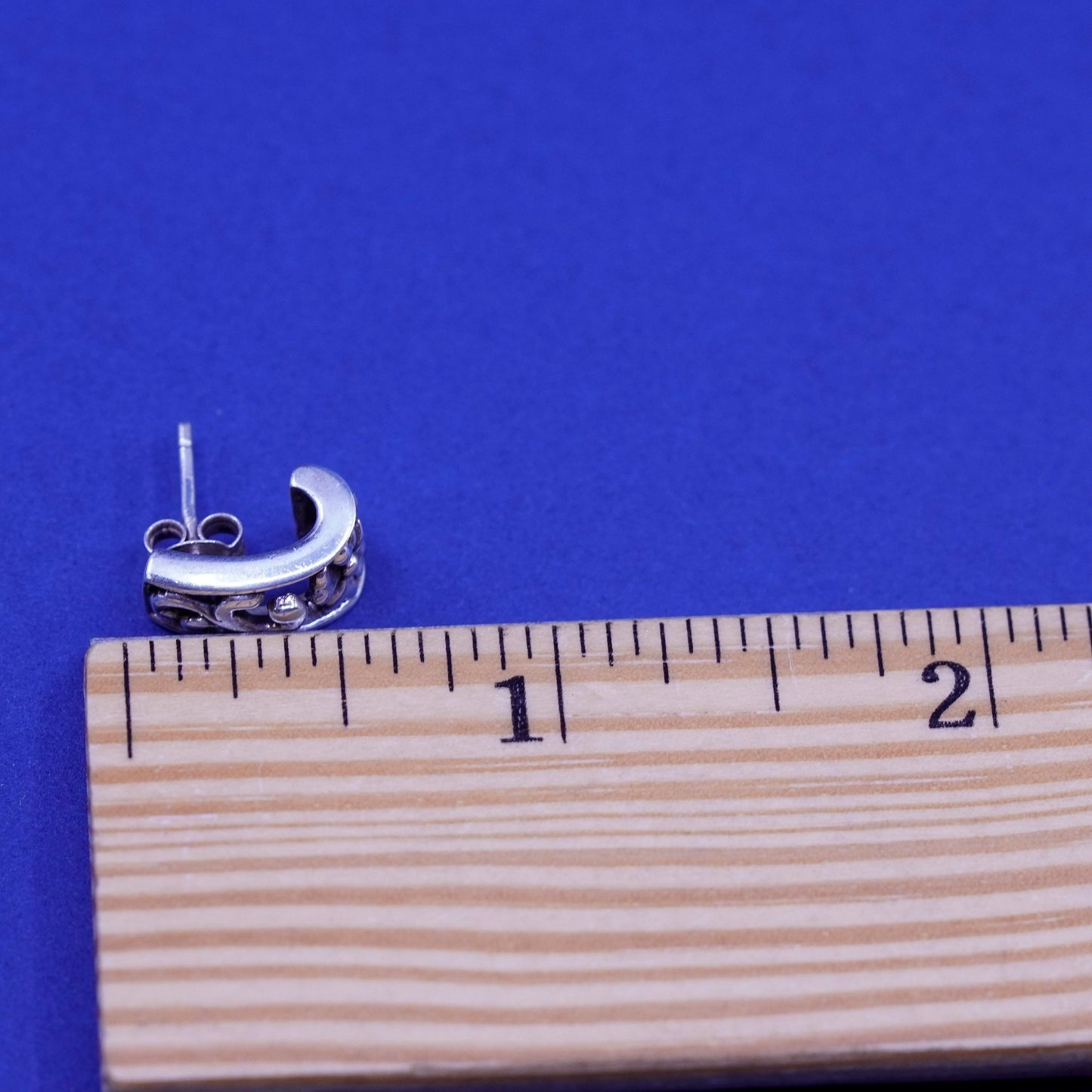 0.5”, Vintage Sterling silver handmade earrings, 925 Huggie studs with filigree