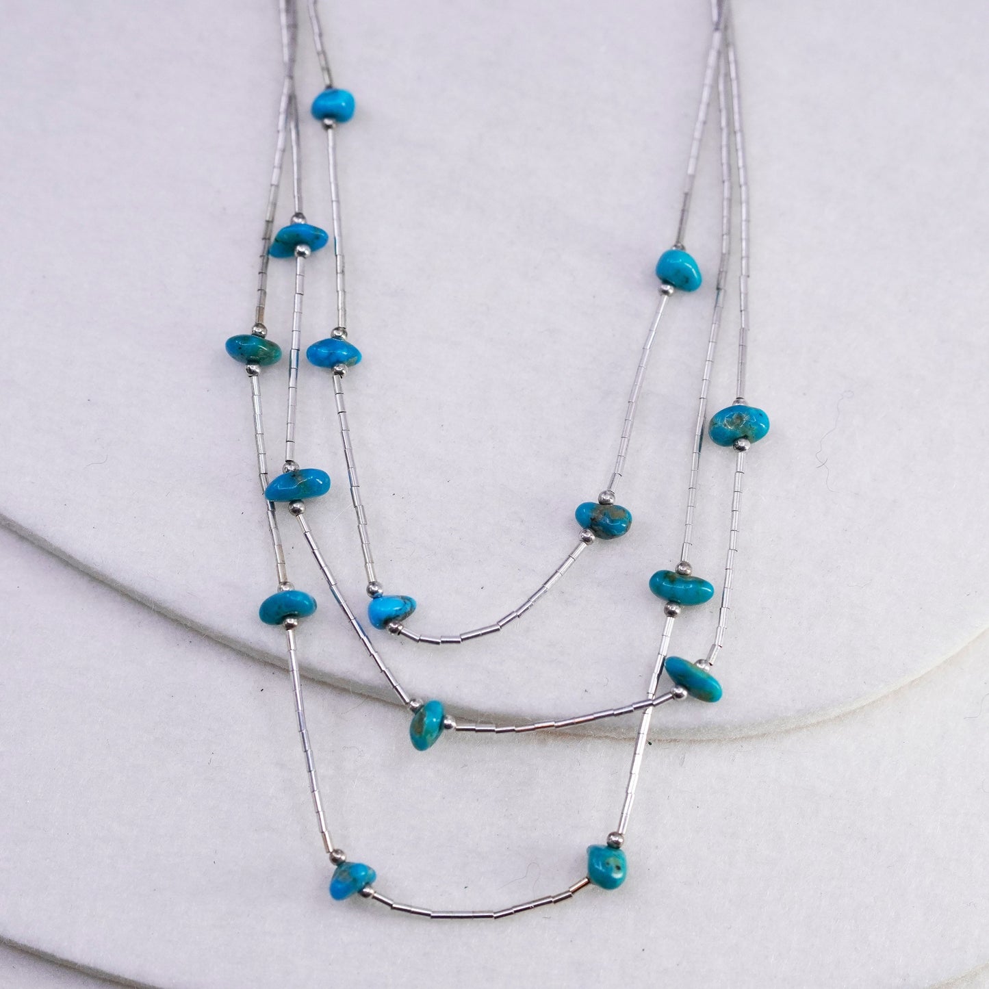 18”, liquid Sterling 925 silver necklace, Native American turquoise beads