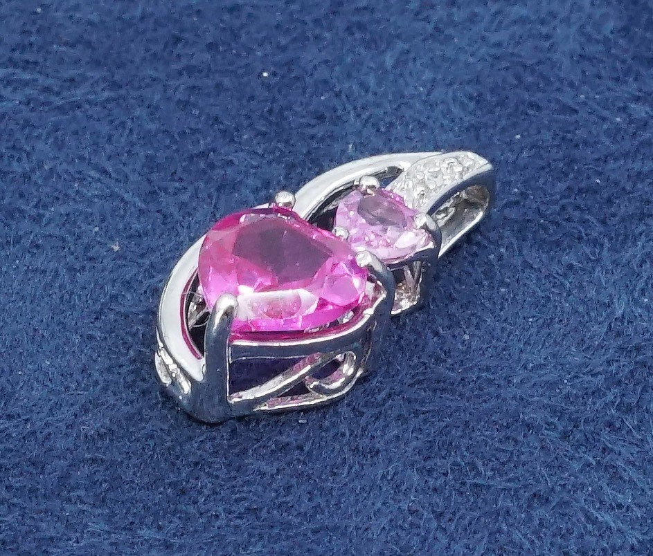 vtg Sterling silver handmade pendant, 925 w/ heart pink crystal