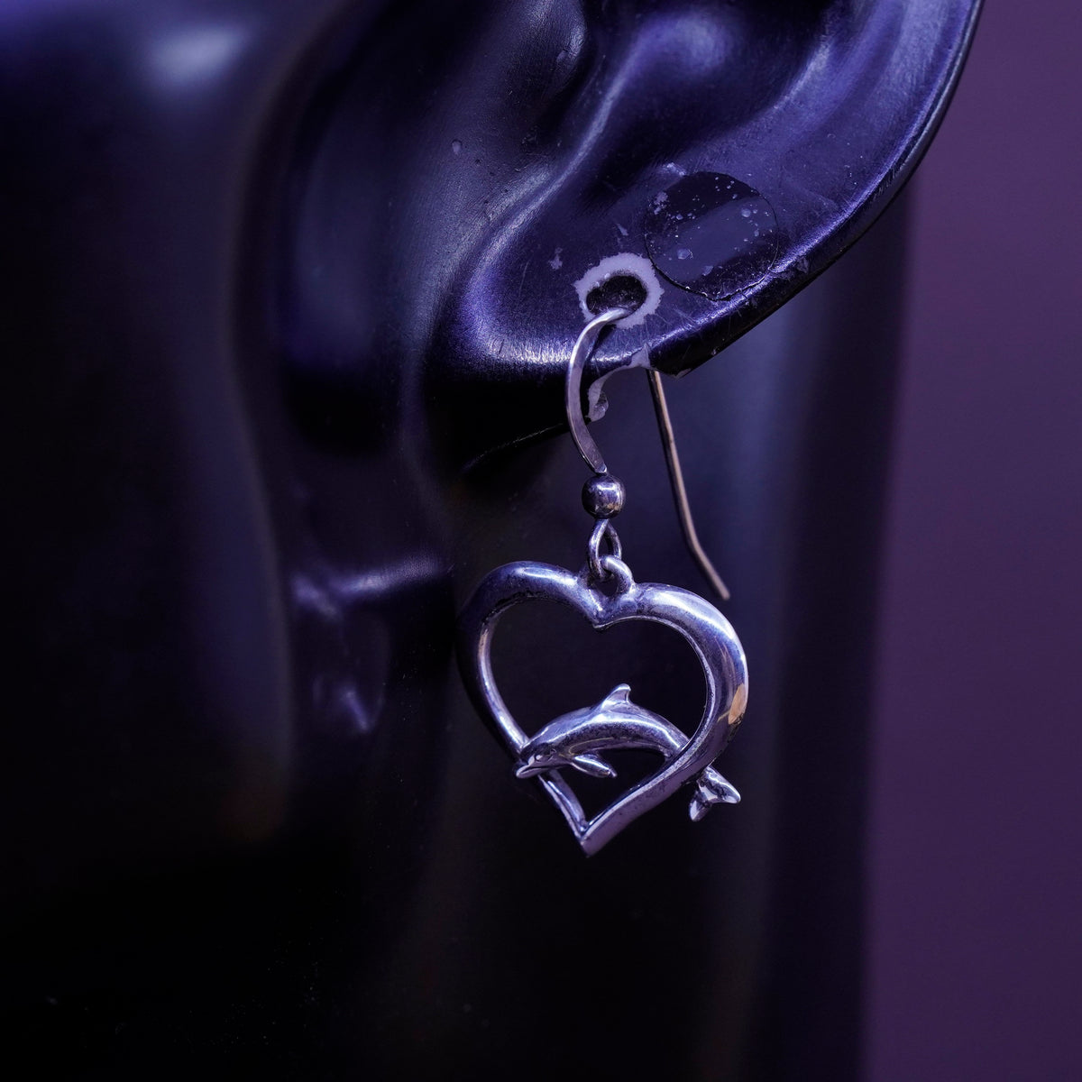 Vintage Sterling silver handmade earrings, 925 heart drops with dolphin