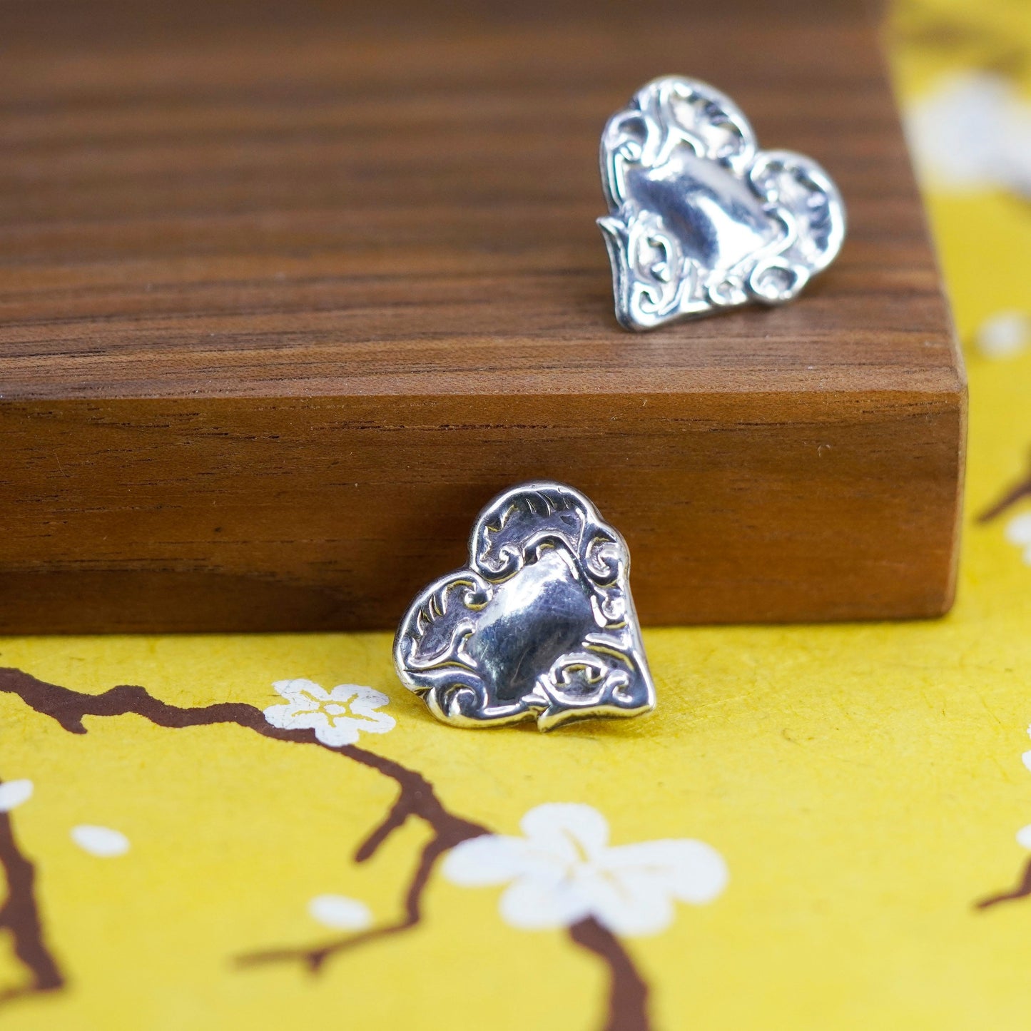 Vintage Sterling silver handmade earrings, textured 925 heart studs